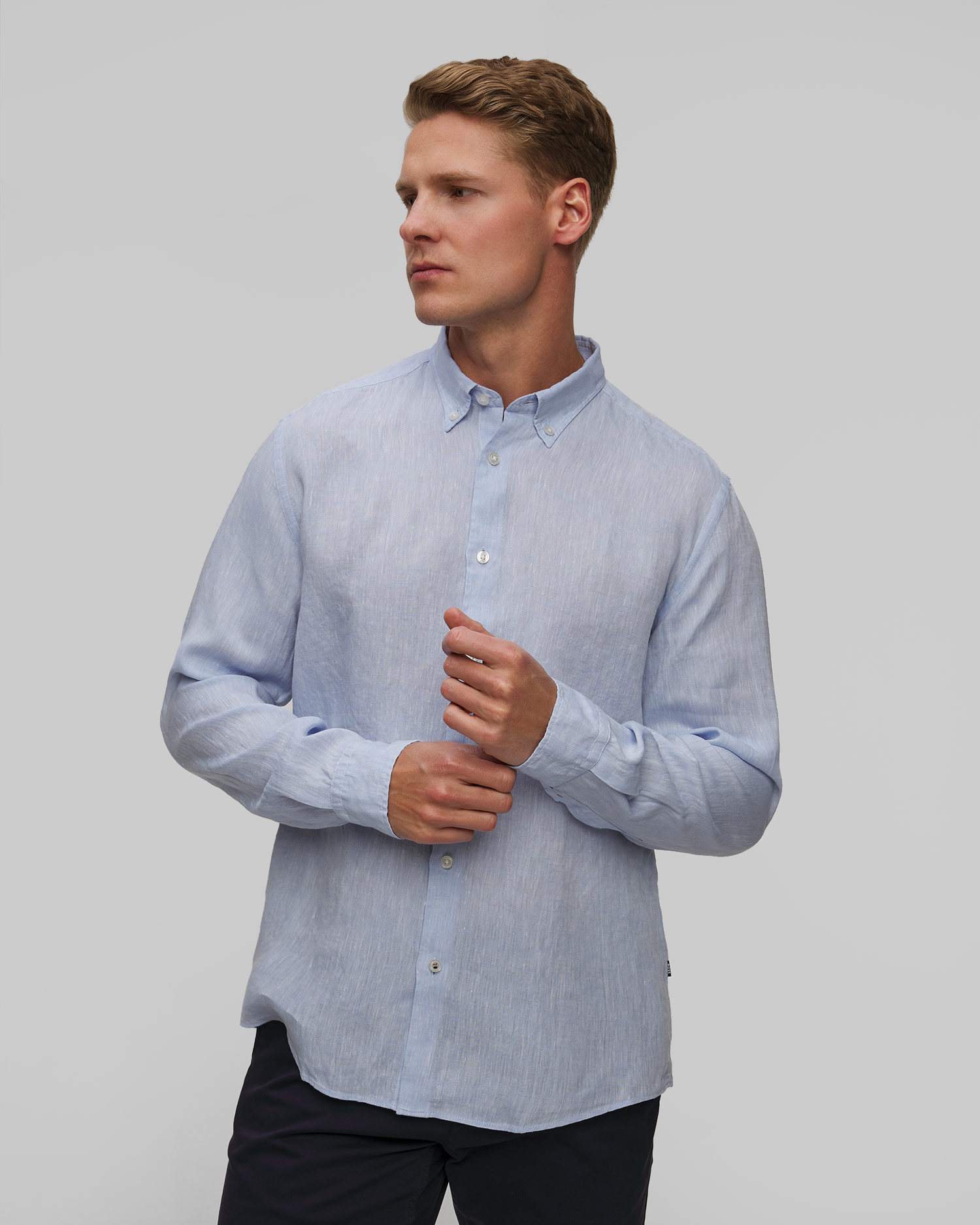 Błękitna koszula lniana męska Hugo Boss C-LIAM-S-BD-C, Kolor/Wzór: Niebieski