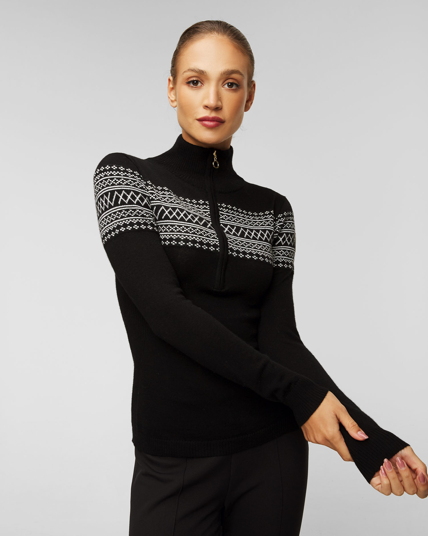 We Norwegians Signature Schwarzer Damen-Rollkragenpullover aus Wolle mit Reißverschluss
