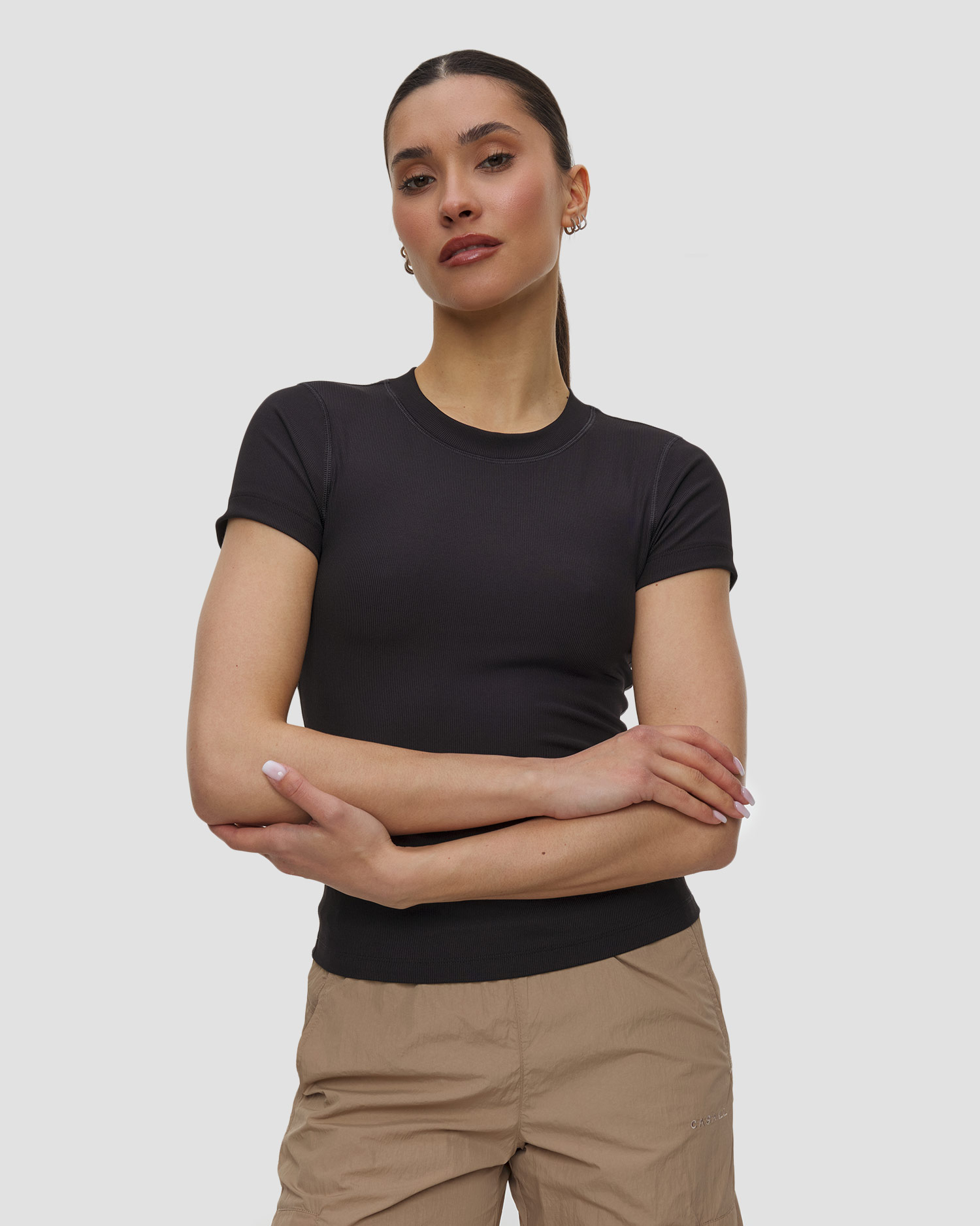 Casall Defined Rib Tee Damen-Trainingsshirt in Schwarz, Farbe/Muster: Czarny