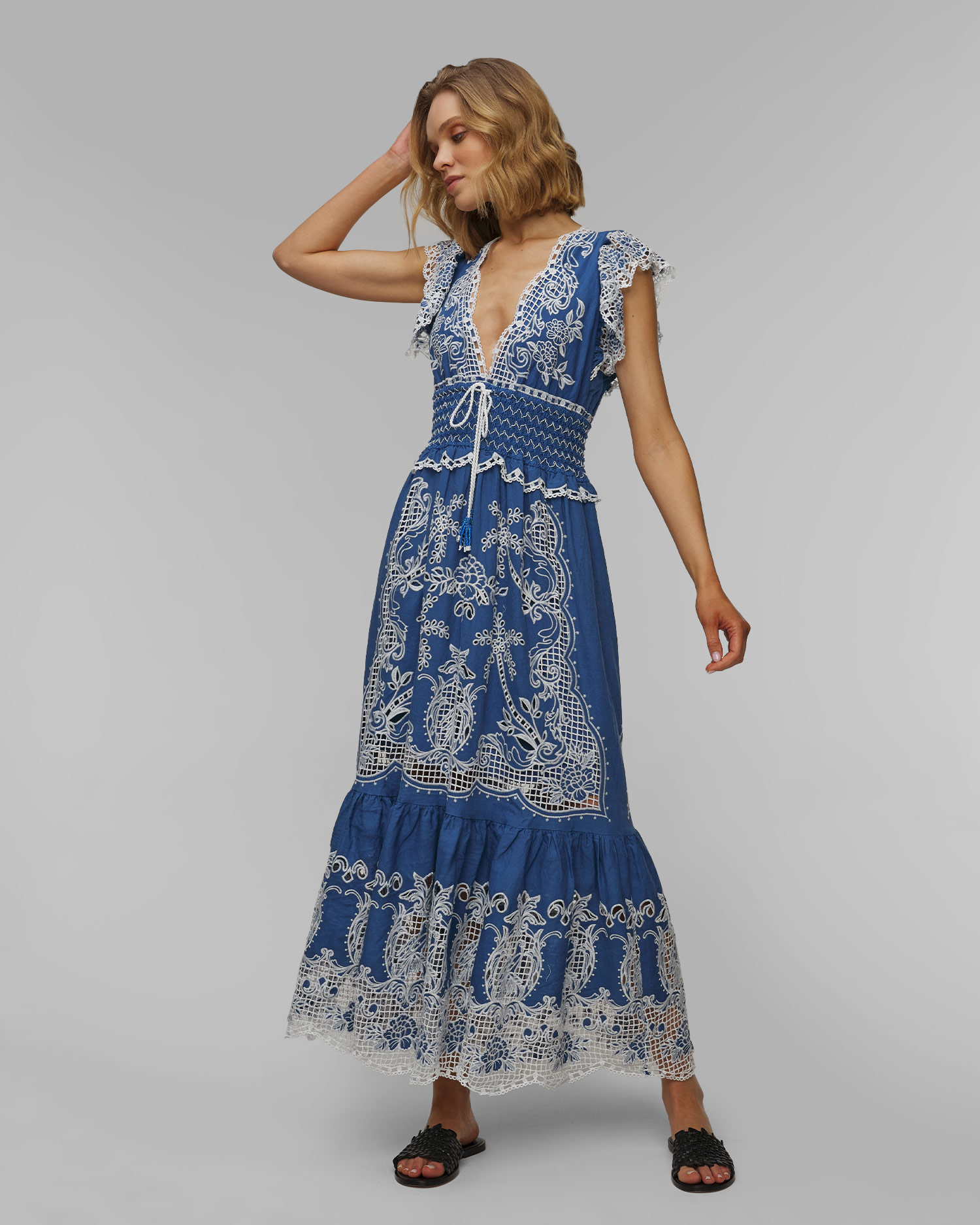 Robe maxi en lin Farm Rio Blue Romantic Richelieu Lenzing™ Ecovero™