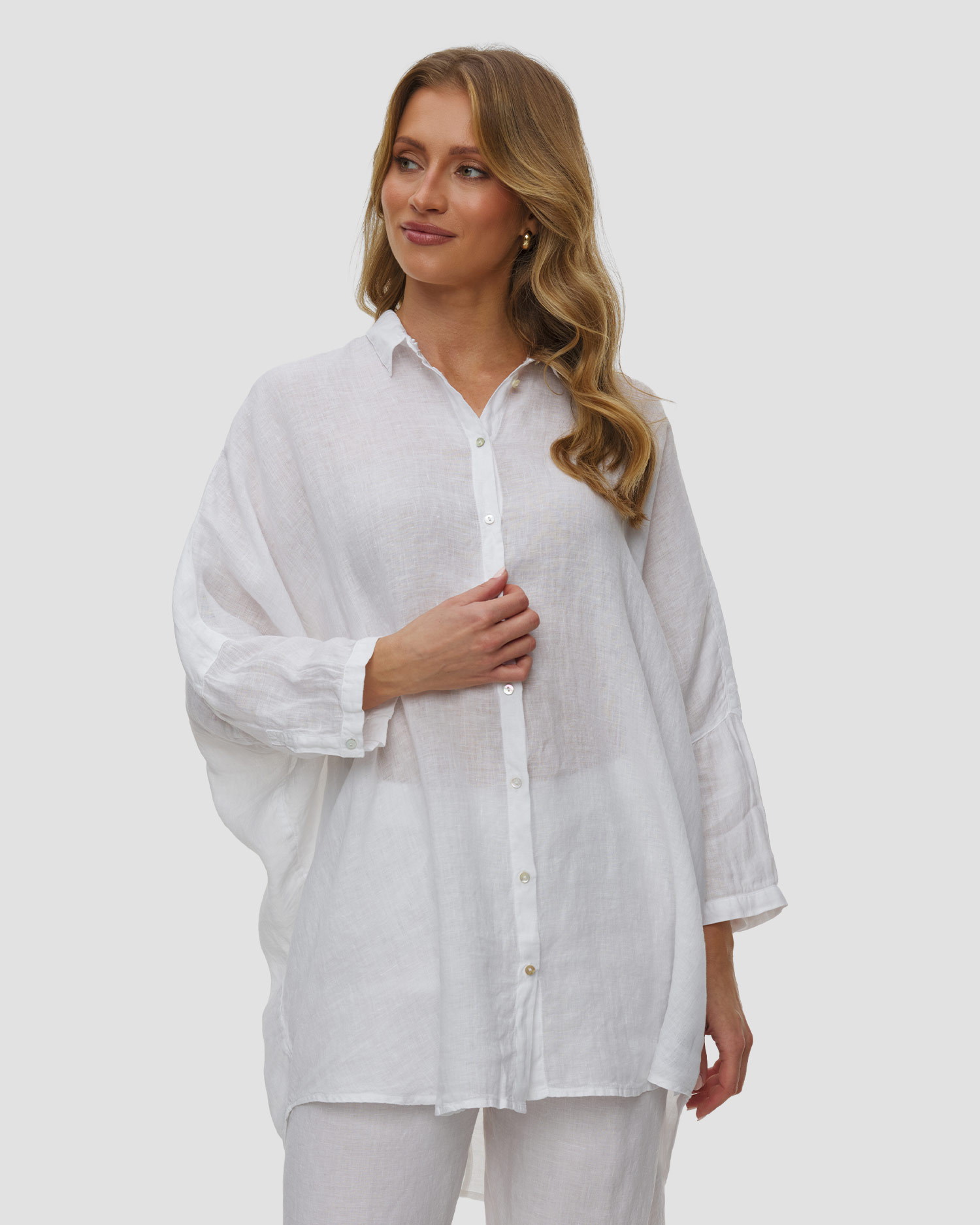 Women's linen shirt with long sleeves 120% Lino, Color/Pattern: Biały