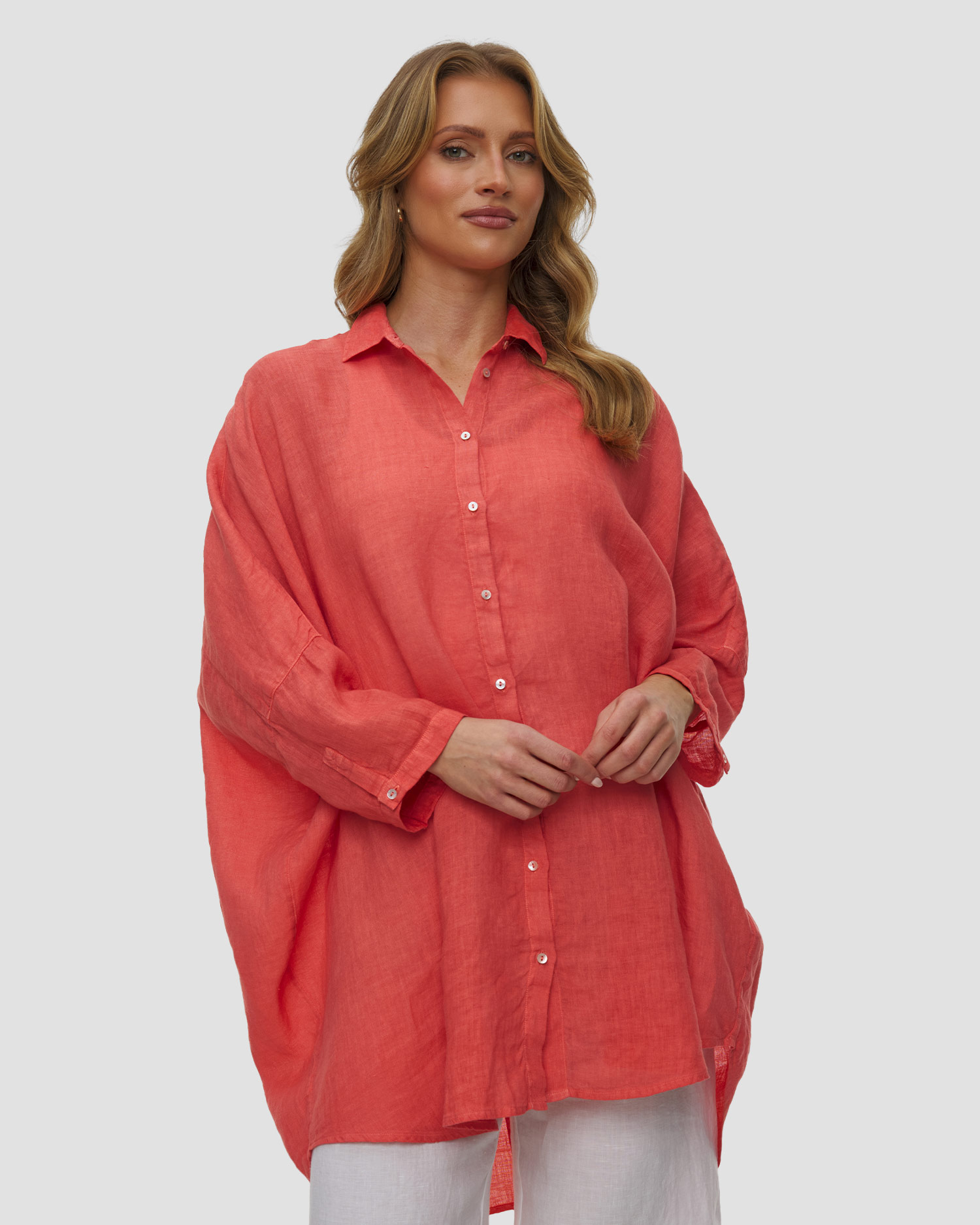 Women's linen long-sleeved shirt 120% Lino, Color/Pattern: Czerwony