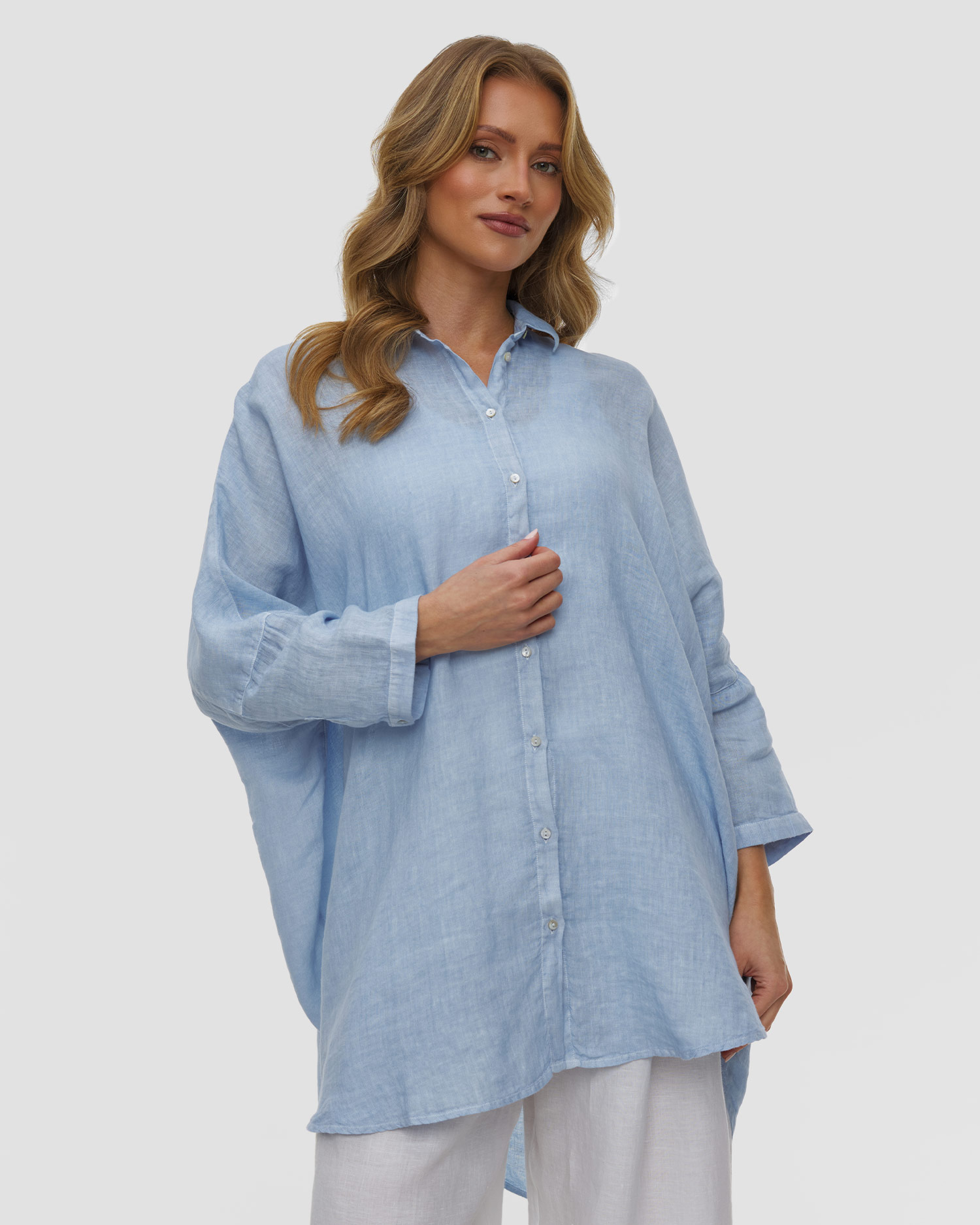 Women's linen shirt with long sleeves 120% Lino, Color/Pattern: Niebieski