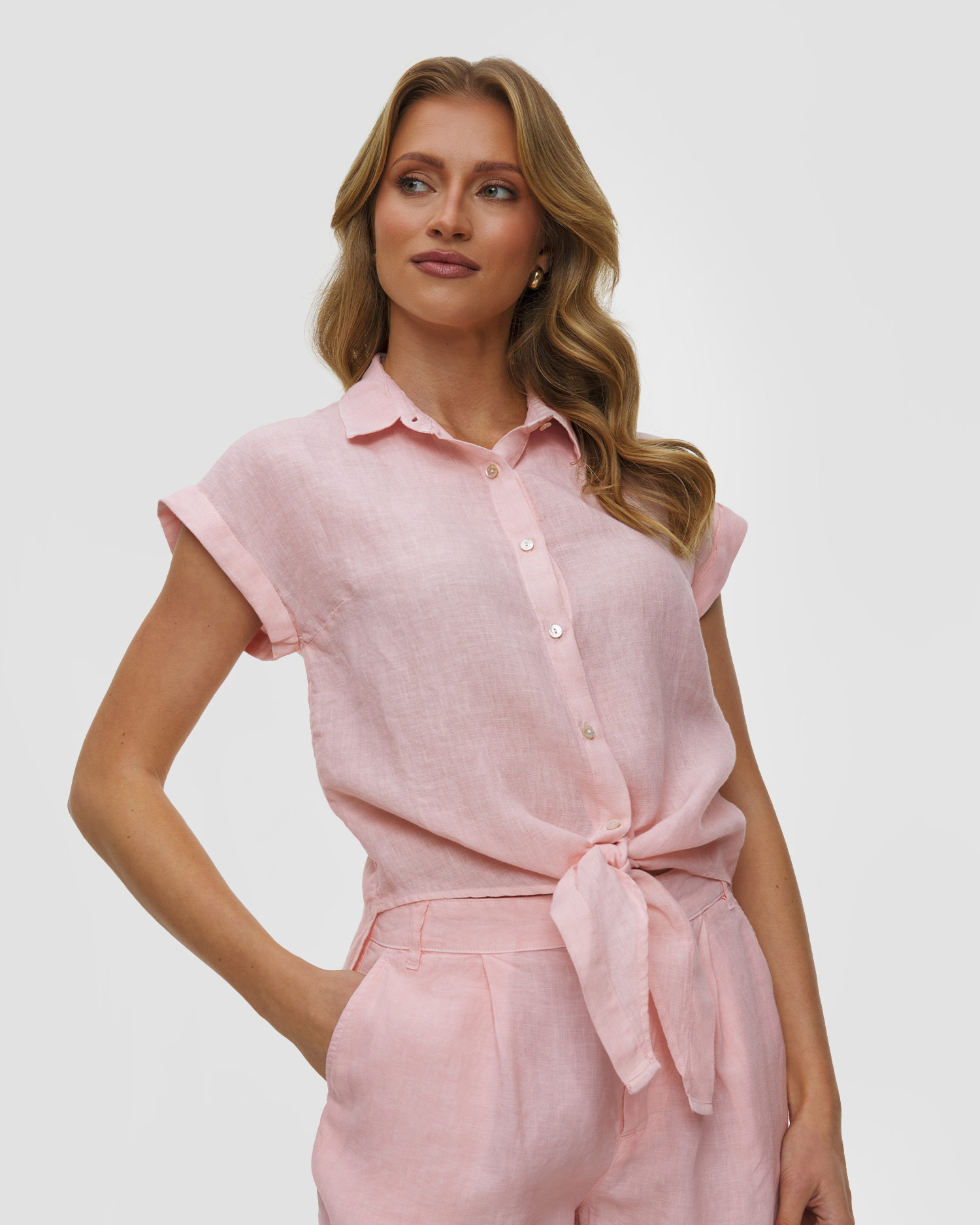 Chemise en lin à manches courtes pour femmes 120% Lino, Couleur: Różowy