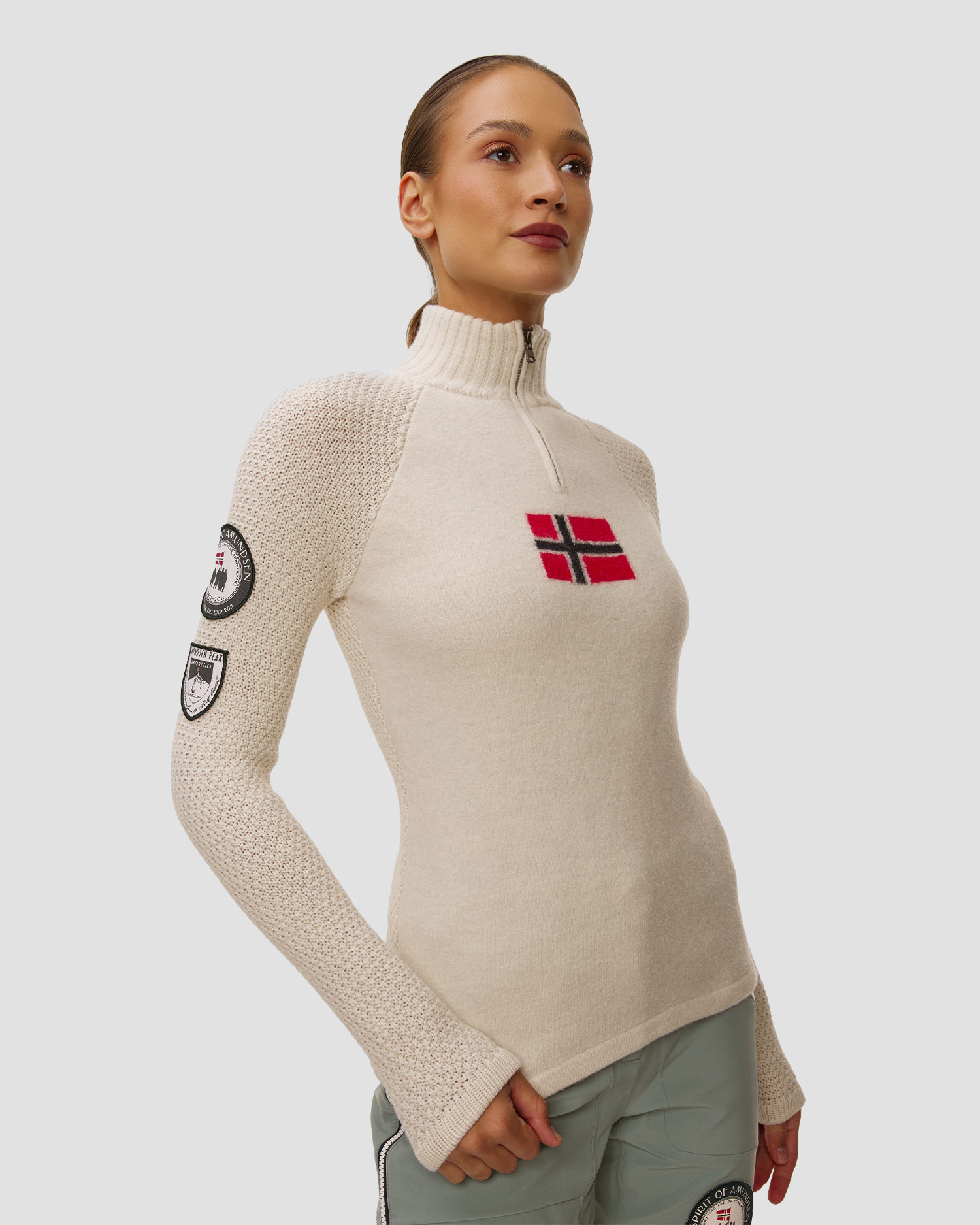 Golf narciarski damski Amundsen Boiled Ski Sweater W/ Flag beżowy, Kolor/Wzór: Beżowy