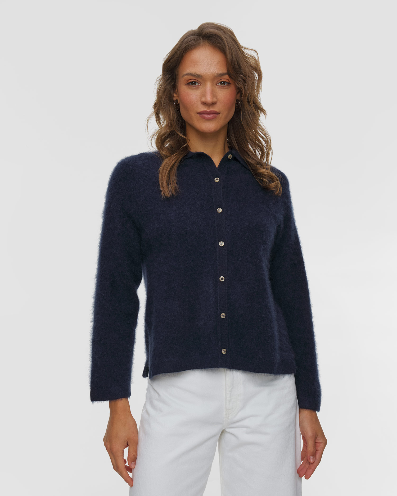 Soft Goat Brushed Shirt Damenstrickhemd, Farbe/Muster: Granatowy
