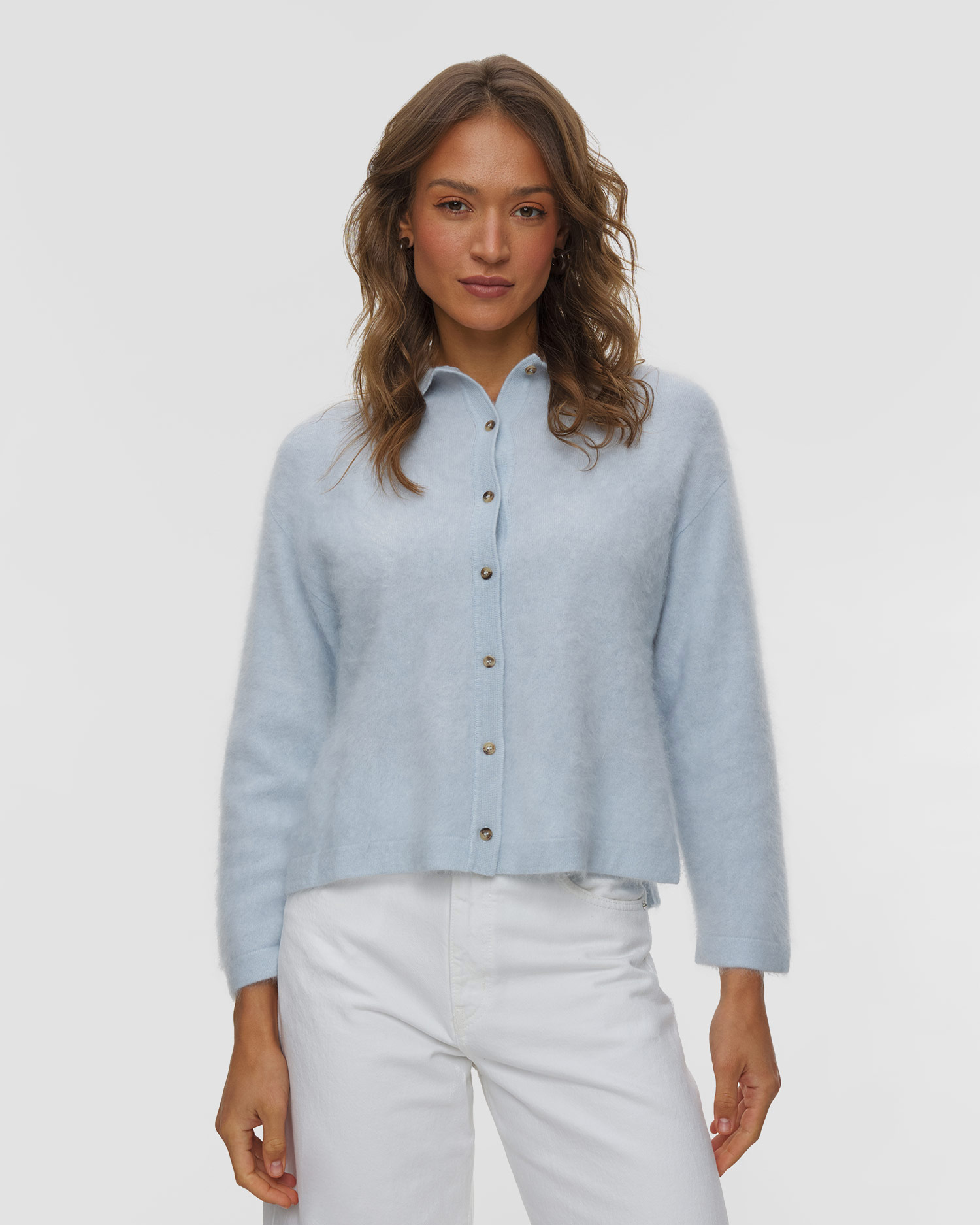 Soft Goat Brushed Shirt Damenstrickhemd, Farbe/Muster: Niebieski