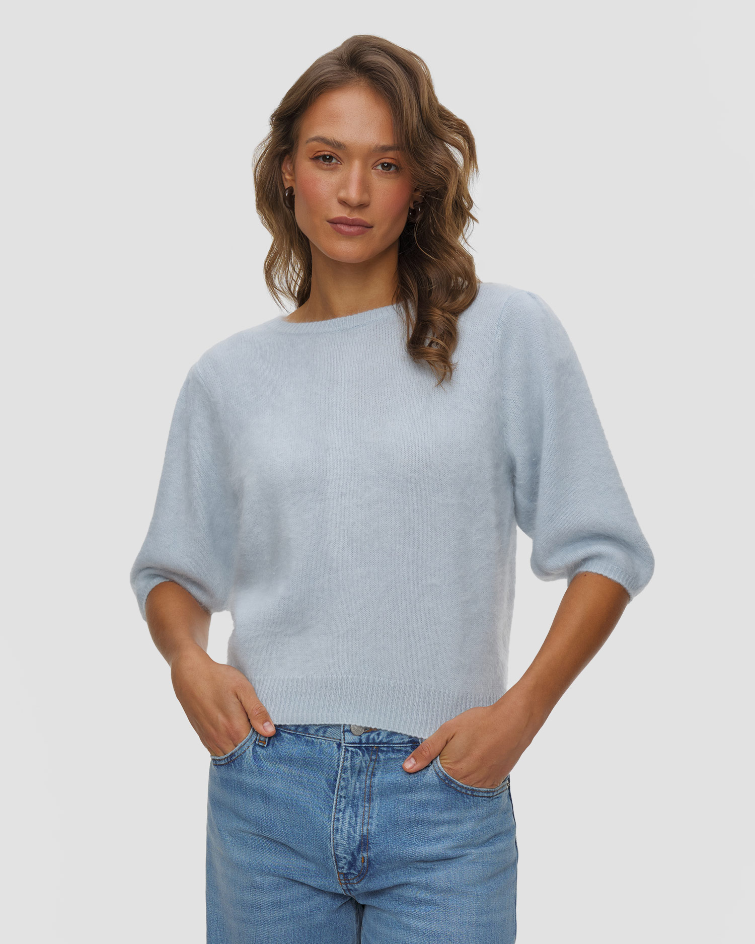Soft Goat Brushed Top Kaschmirpullover für Damen, Farbe/Muster: Niebieski