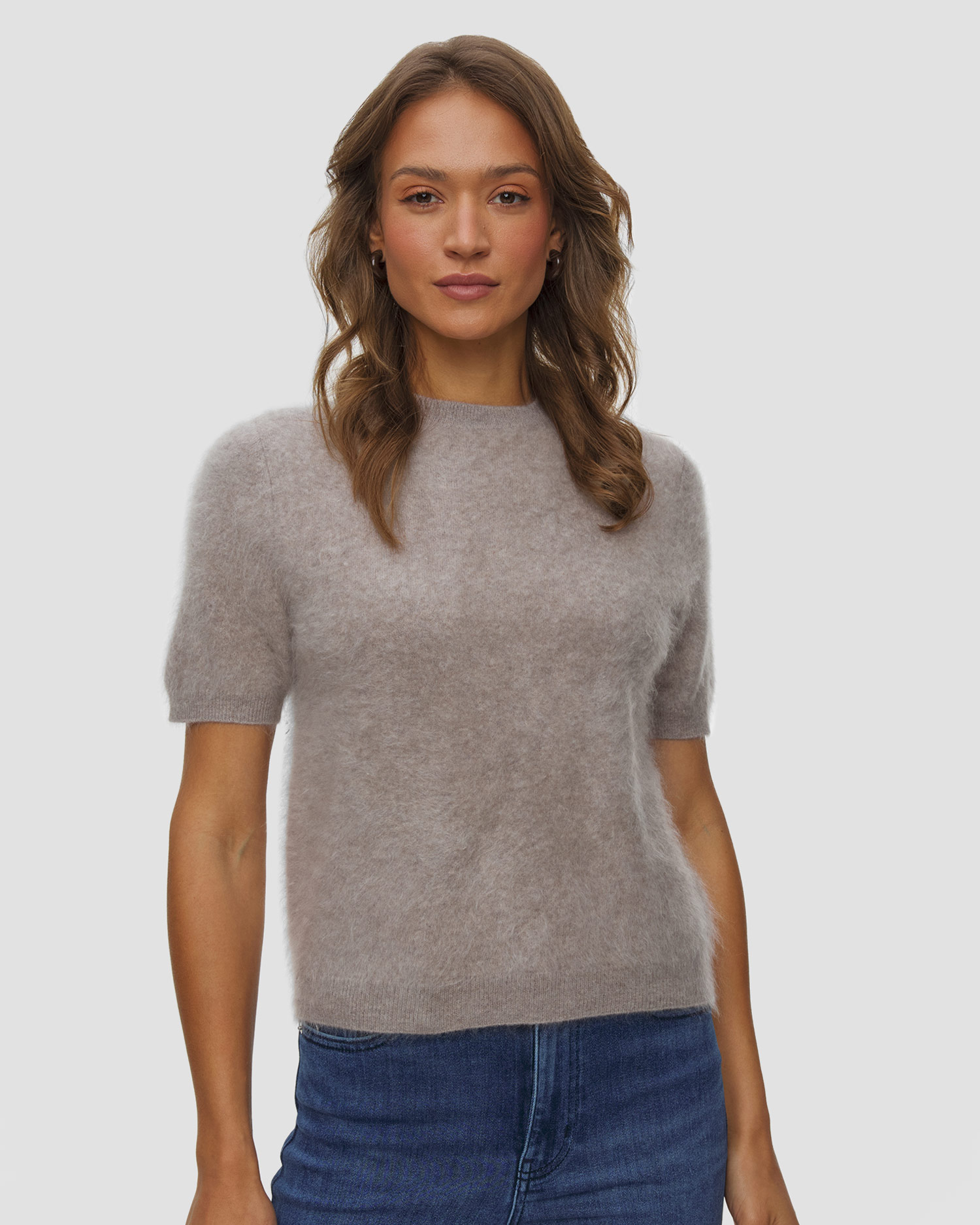 Soft Goat Brushed Short Sleeve Damen-Kaschmirpullover, Farbe/Muster: Szary