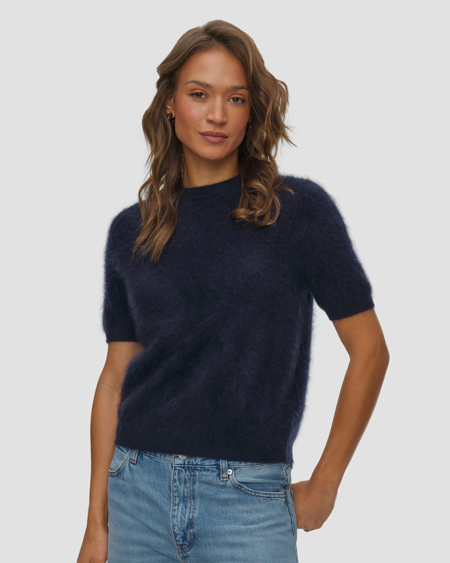 Soft Goat Brushed Short Sleeve Damen-Kaschmirpullover, Farbe/Muster: Granatowy