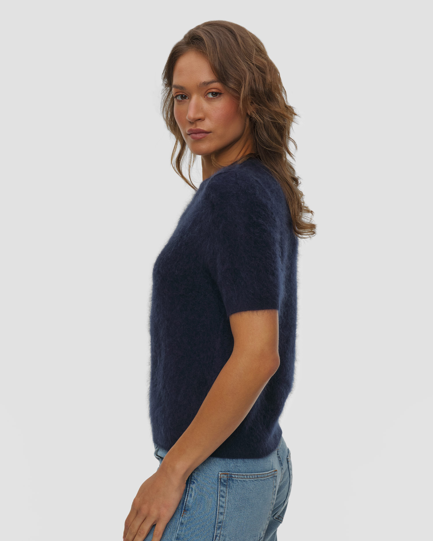 Kaszmirowy sweter damski Soft Goat Brushed Short Sleeve