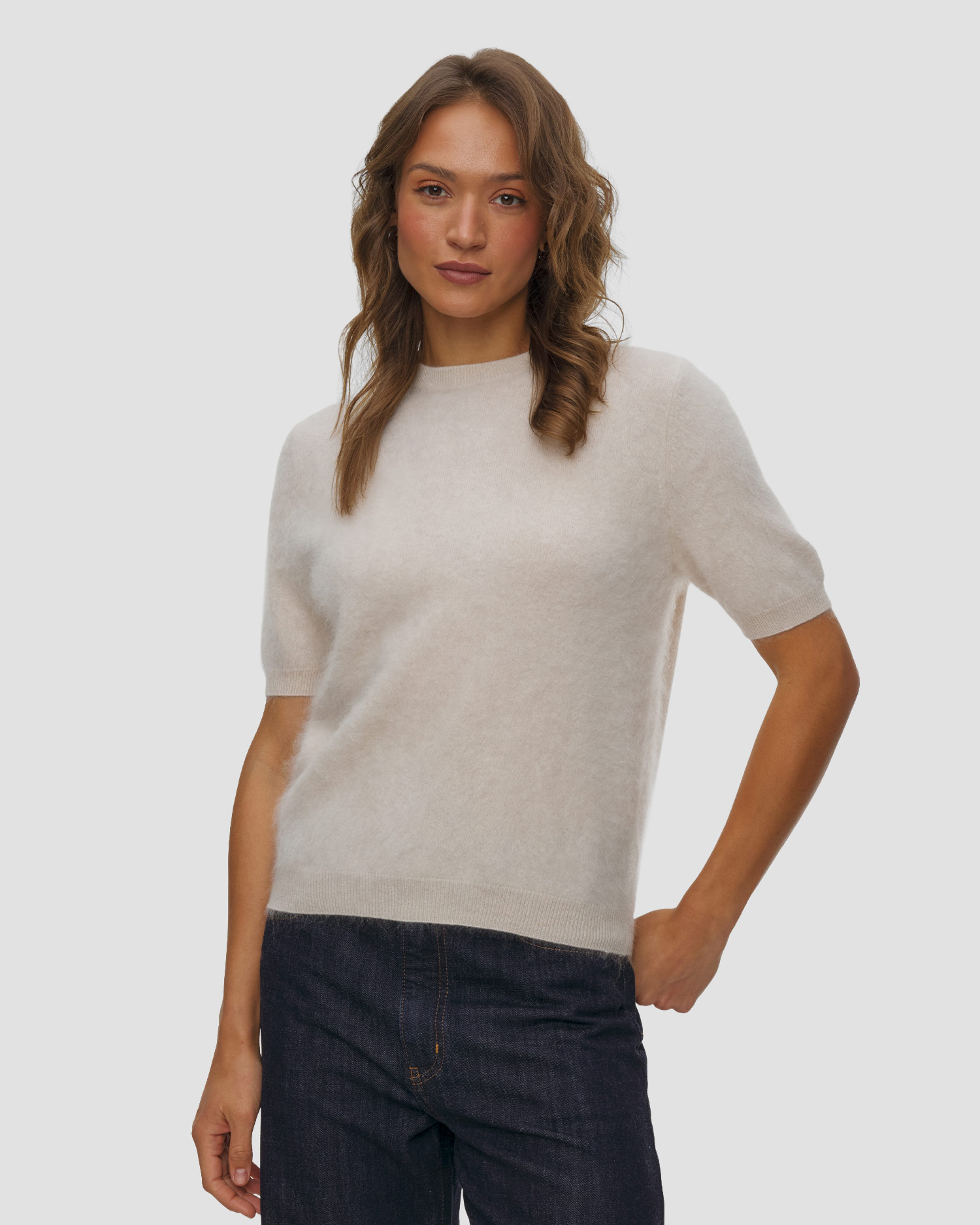 Soft Goat Brushed Short Sleeve Kaschmirpullover für Damen, Farbe/Muster: Beżowy