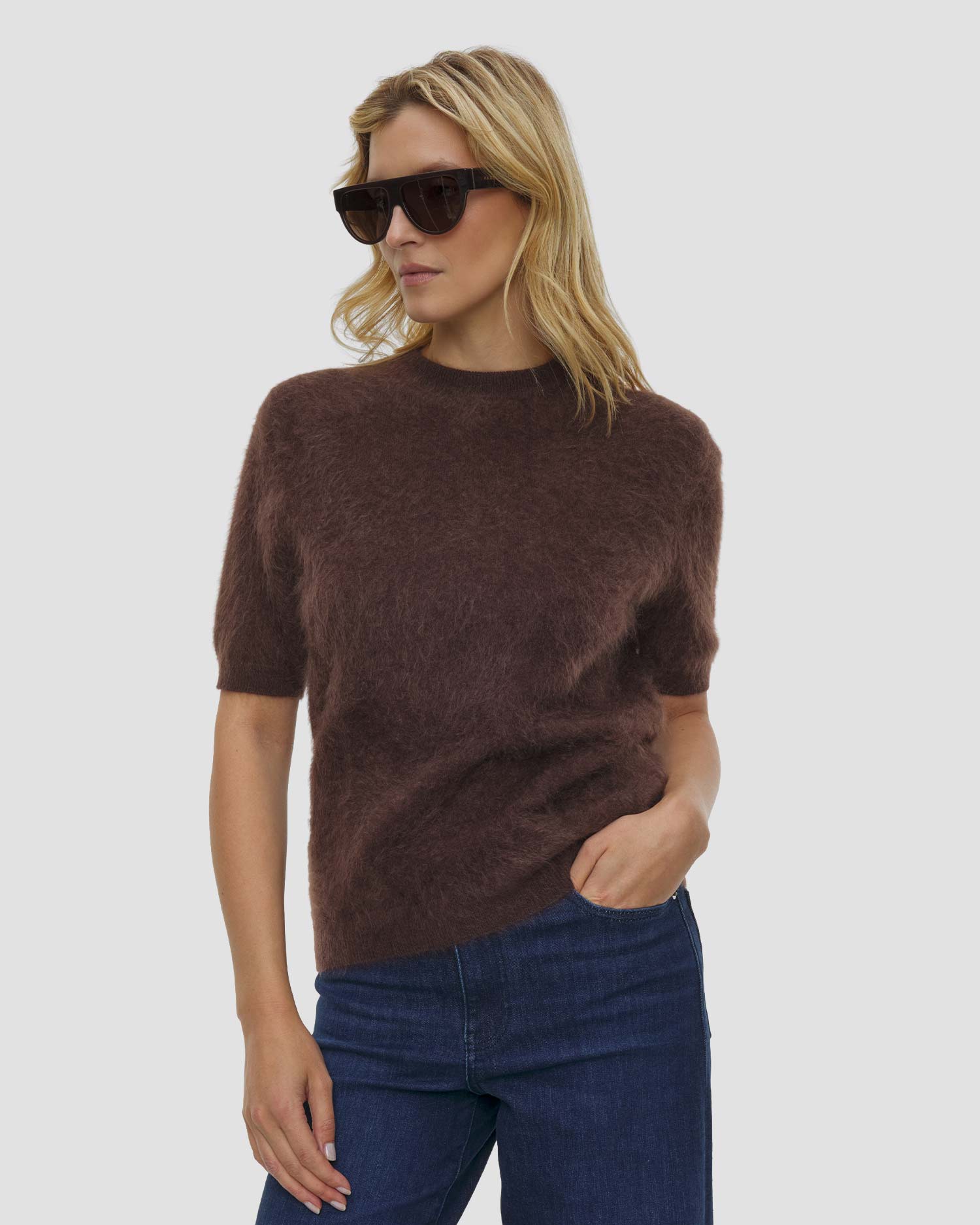 Kaszmirowy sweter damski Soft Goat Brushed Short Sleeve, Kolor/Wzór: Brązowy