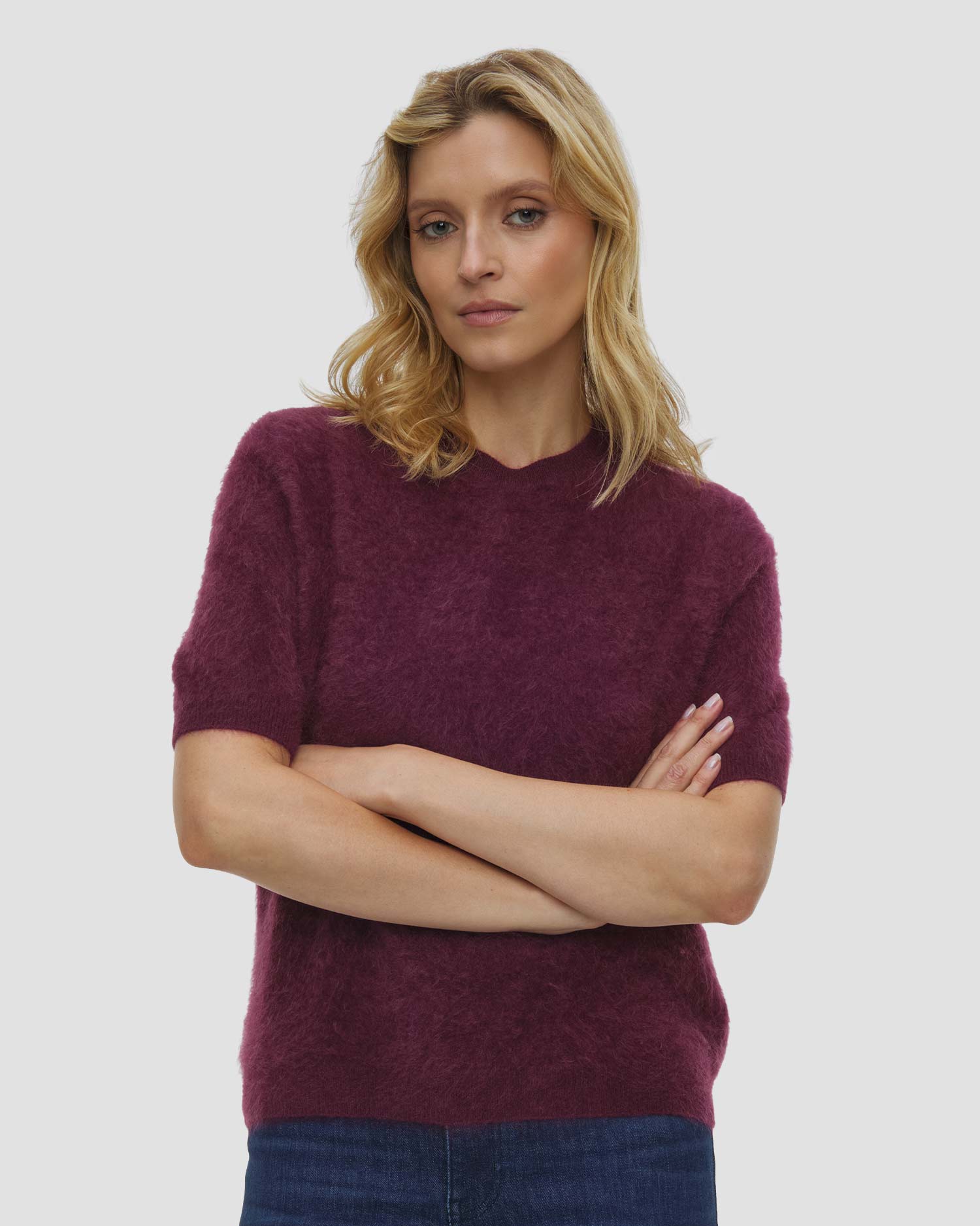 Kaszmirowy sweter damski Soft Goat Brushed Short Sleeve, Kolor/Wzór: Czerwony