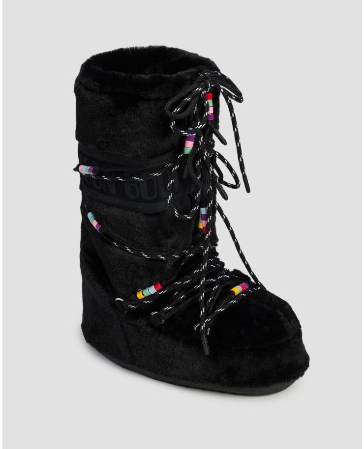 Czarne buty zimowe futrzane damskie Moon Boot Icon Faux Fur Beads