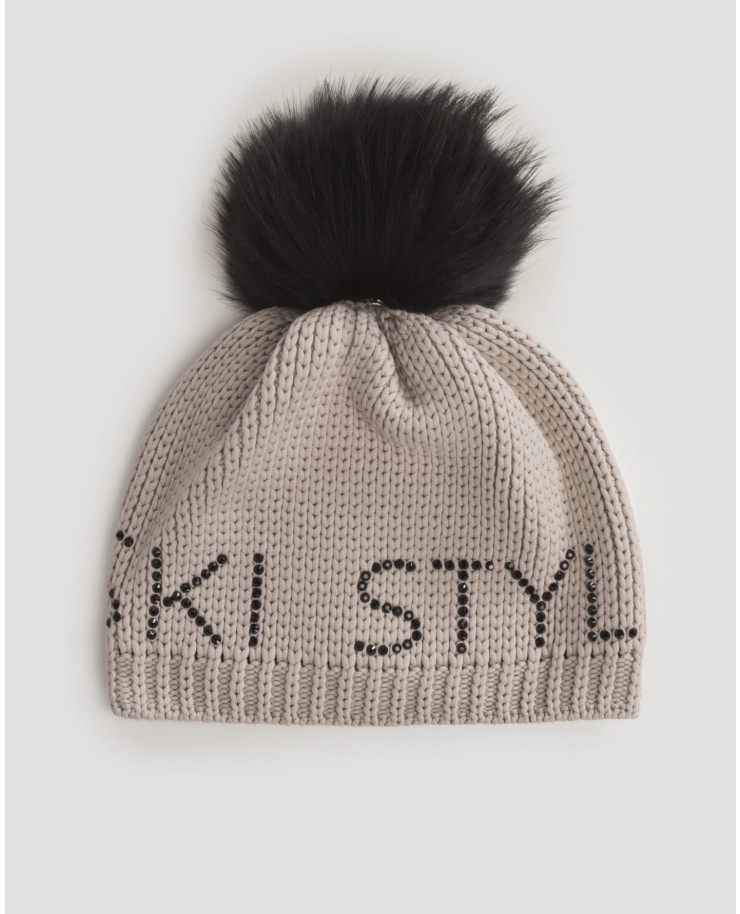 Women's beige winter beanie with fur pompom Sportalm