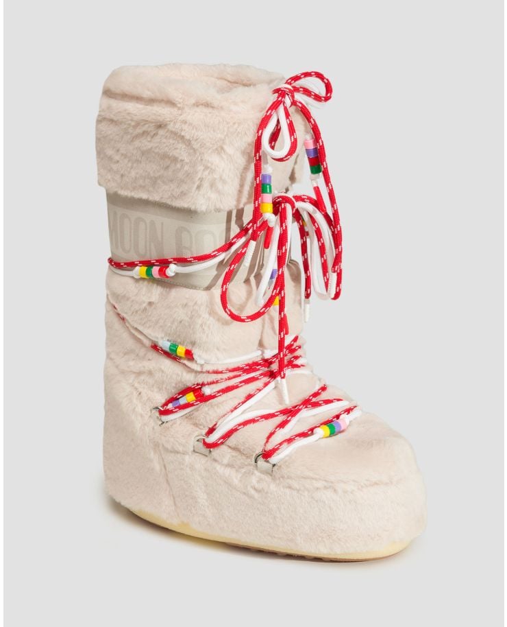 Beżowe buty zimowe damskie Moon Boot Resort Icon Faux Fur Beads