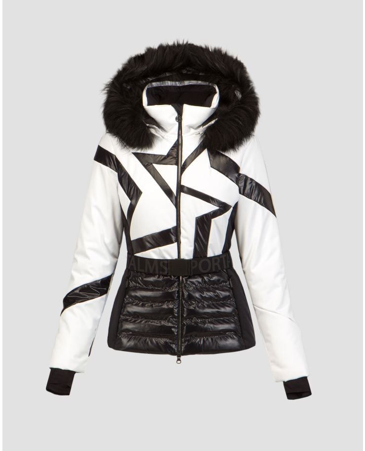 Veste de ski noire et blanche pour femmes avec fourrure et ceinture Sportalm