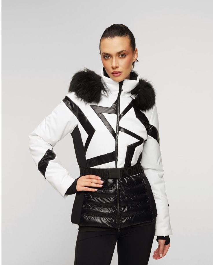 Women's black and white ski jacket with fur and belt Sportalm