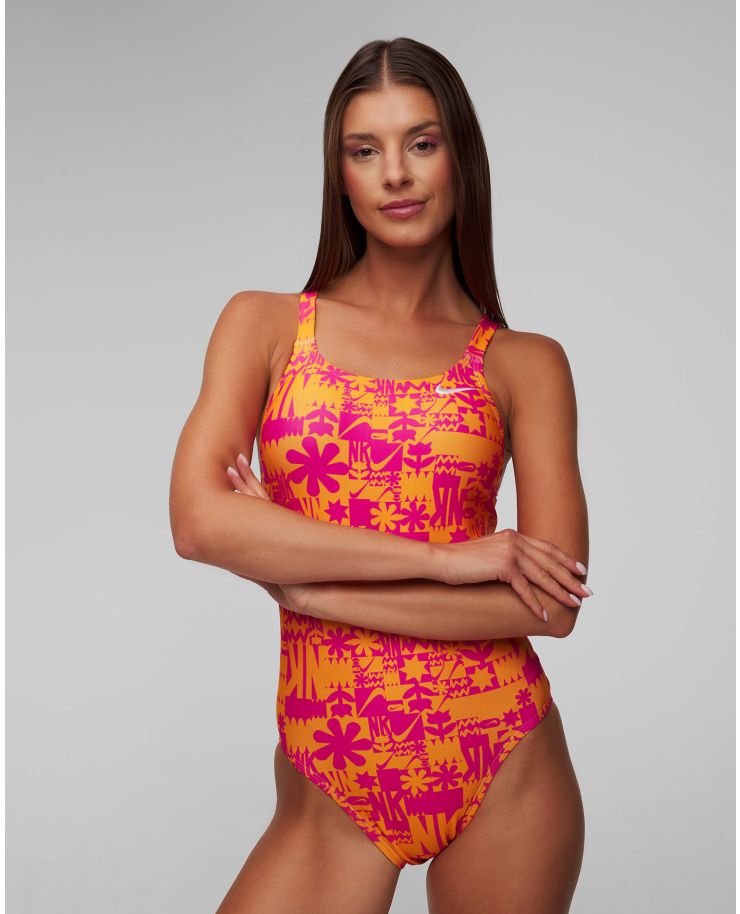 Oranžové jednodílné dámské plavky Nike Swim Nike Hydrastrong Multi Print Fastback