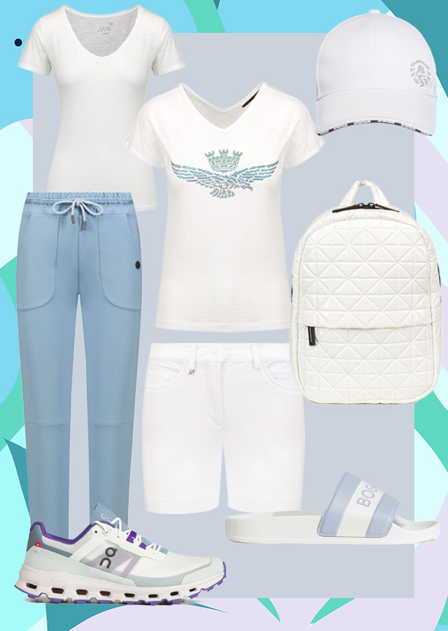 białą koszulka damska, niebieskie dresy, klapki, sportowe buty