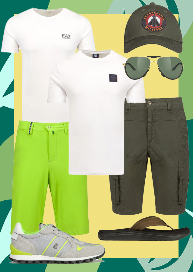 camicia bianca, pantaloncini verdi
