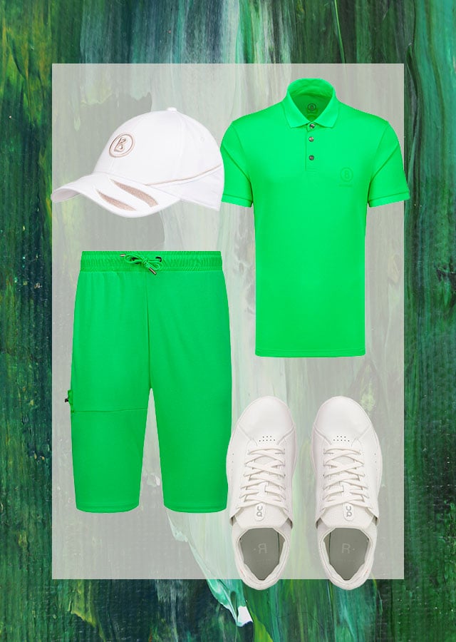 zielone męskie szorty i zielona koszulka polo