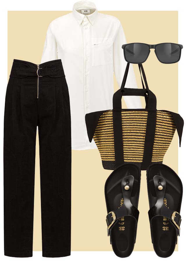 Șlapi Birkenstock negri, cămașă albă și pantaloni eleganți negri